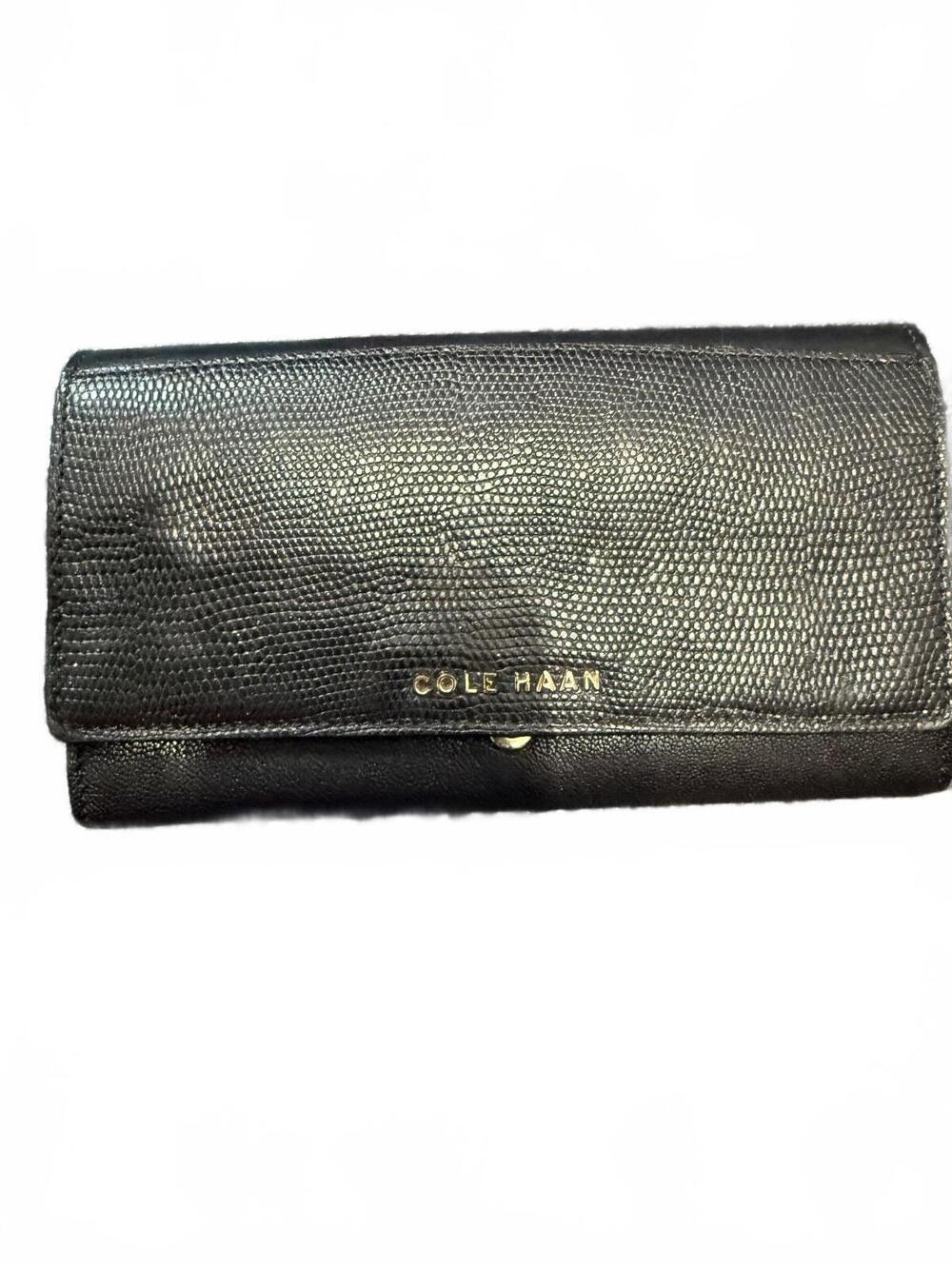 Cole Haan black lizard/snakeskin-embossed leather continental flap wallet